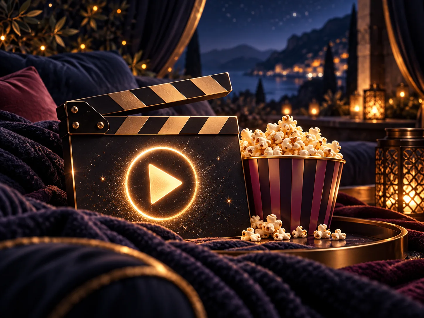 Movie clapperboard and popcorn