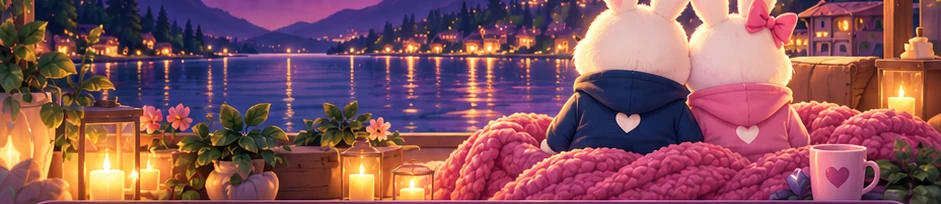 B Bunny and Kenna Kat watching moonlight across a glowing lake