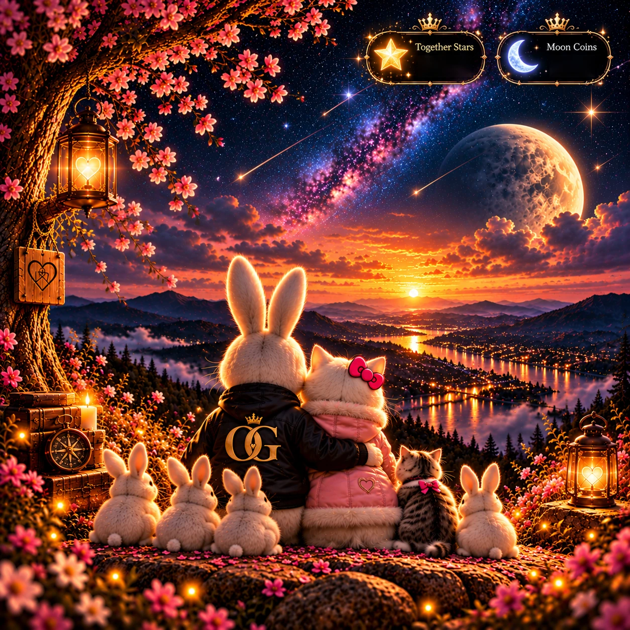 A magical sunset overlooking a lake with B Bunny, Kenna Kat, four baby bunnies and a kitten